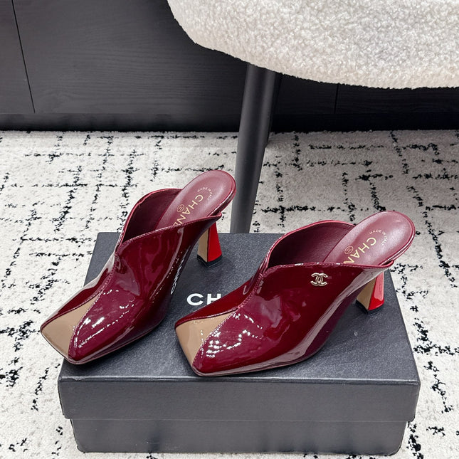 CHANEL 26S SQUARE-TOE HEELED MULES 95 MM IN MERLOT RED PATENT LAMBSKIN