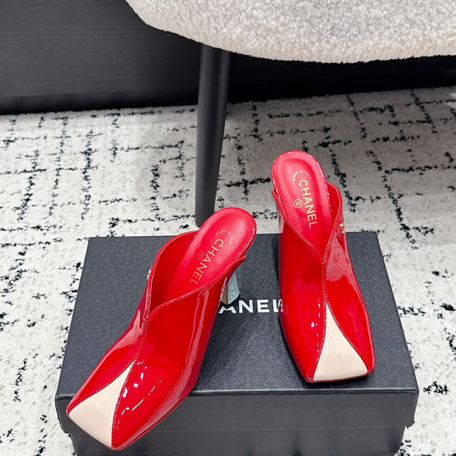 CHANEL 26S SQUARE-TOE HEELED MULES 95 MM IN CREAM MIX RED PATENT LAMBSKIN