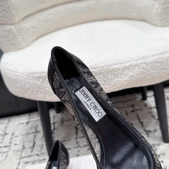 JIMMY CHOO 26S LACE-UP HIGH HEELS 45 MM IN BLACK LACE FABRIC