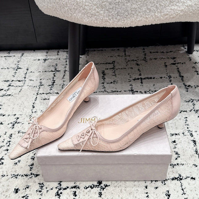 JIMMY CHOO 26S LACE-UP HIGH HEELS 45 MM IN NUDE PINK LACE FABRIC