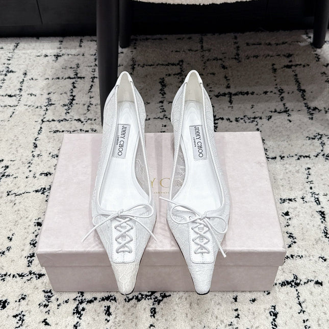 JIMMY CHOO 26S LACE-UP HIGH HEELS 45 MM IN WHITE LACE FABRIC