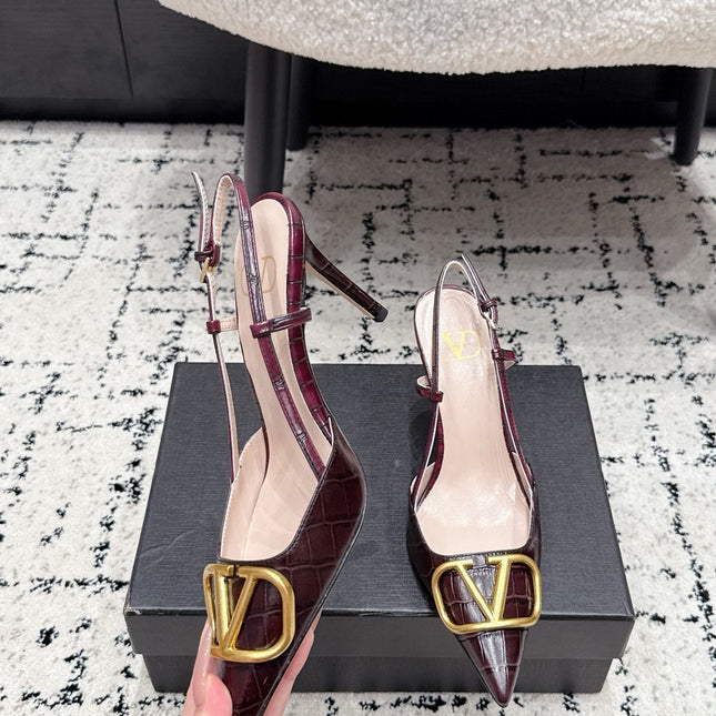 VALENTINO 26S SLINGBACKS 80 MM IN DARK RED CROC EMBOSSED CALFSKIN