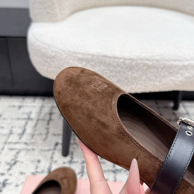 MIUMIU 26S BALLET FLATS IN DARK BROWN SUEDE