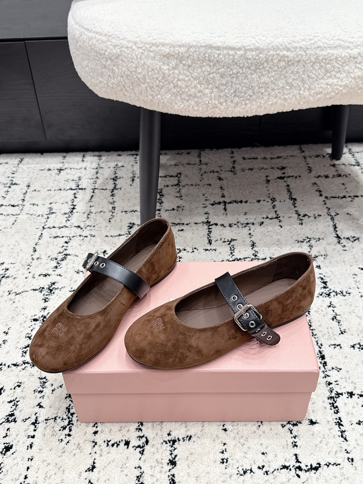 MIUMIU 26S BALLET FLATS IN DARK BROWN SUEDE
