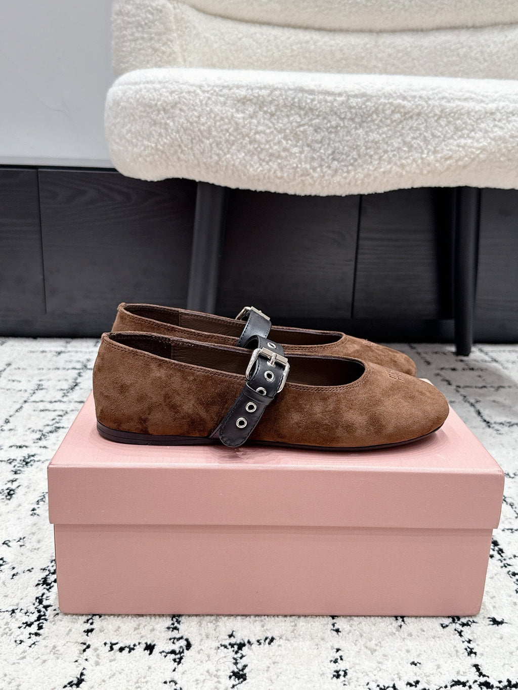 MIUMIU 26S BALLET FLATS IN DARK BROWN SUEDE