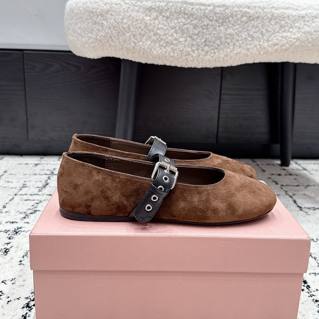 MIUMIU 26S BALLET FLATS IN DARK BROWN SUEDE