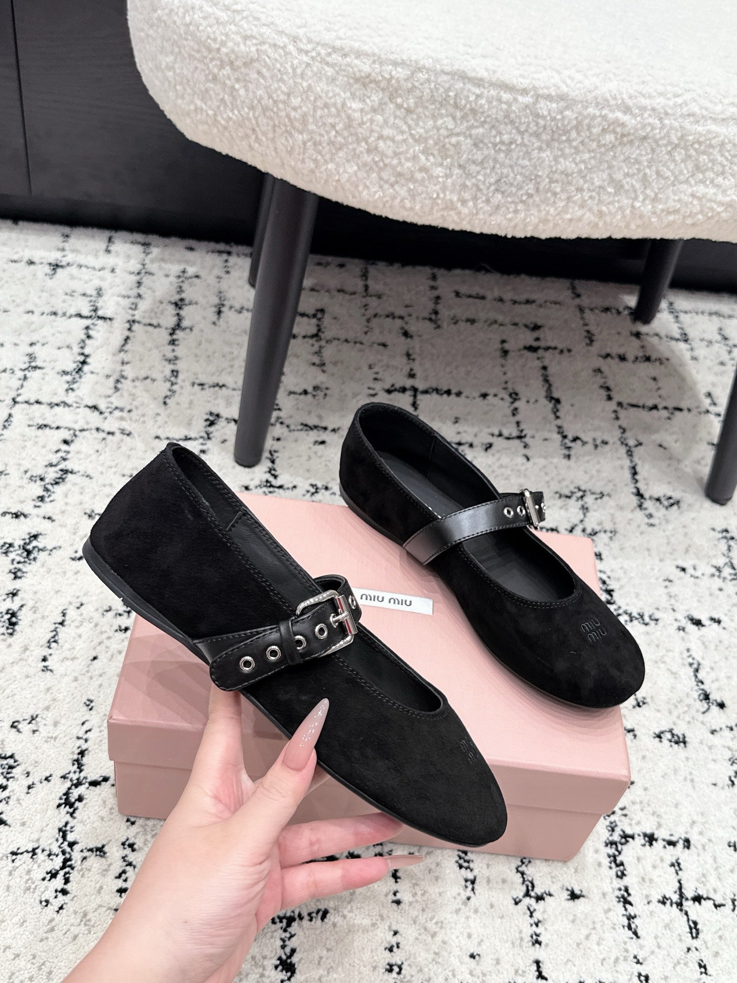 MIUMIU 26S BALLET FLATS IN BLACK SUEDE