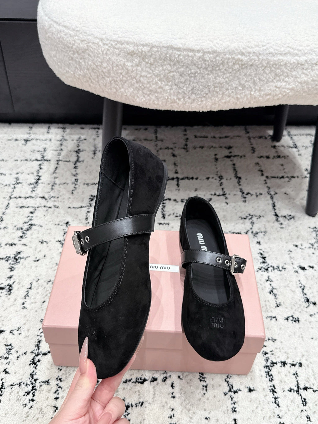 MIUMIU 26S BALLET FLATS IN BLACK SUEDE