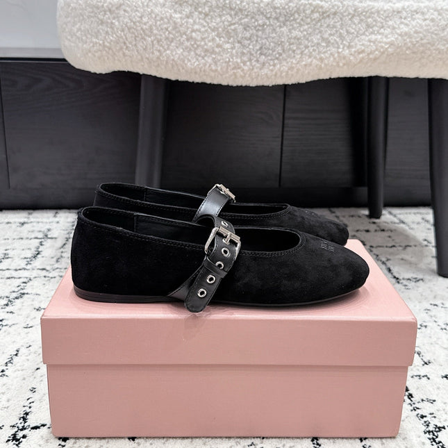 MIUMIU 26S BALLET FLATS IN BLACK SUEDE