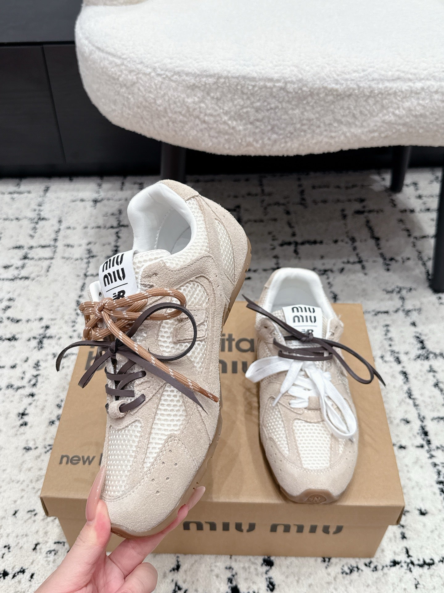MIUMIU 26S SNEAKERS IN TAN BROWN SUEDE AND MESH FABRIC
