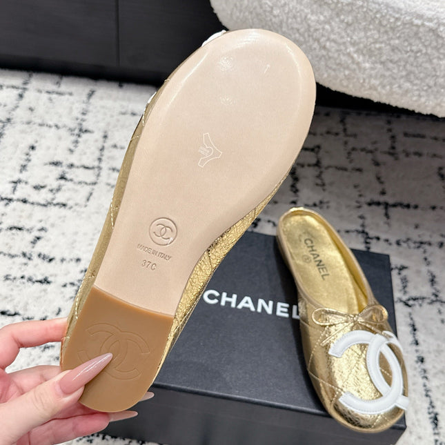 CHANEL 26S FLAT MULES IN GOLD LAMBSKIN