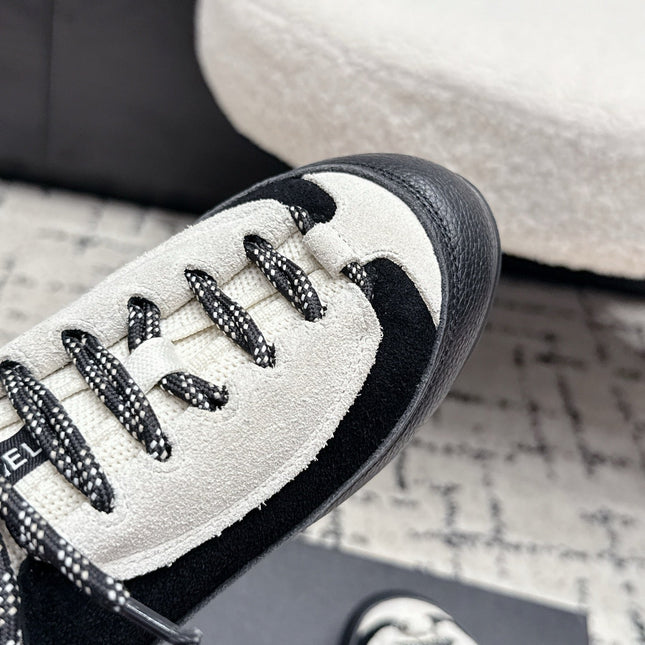 CHANEL 26S LACE-UP SNEAKERS IN WHITE MIX BLACK SUEDE AND LAMBSKIN