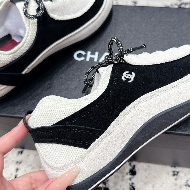 CHANEL 26S LACE-UP SNEAKERS IN WHITE AND BLACK SUEDE STYLE 2