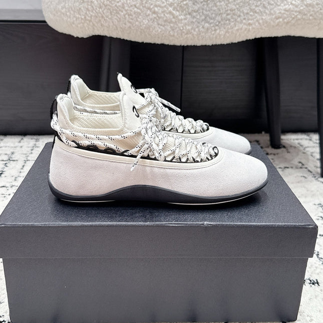 CHANEL 26S LACE-UP SNEAKERS IN WHITE SUEDE