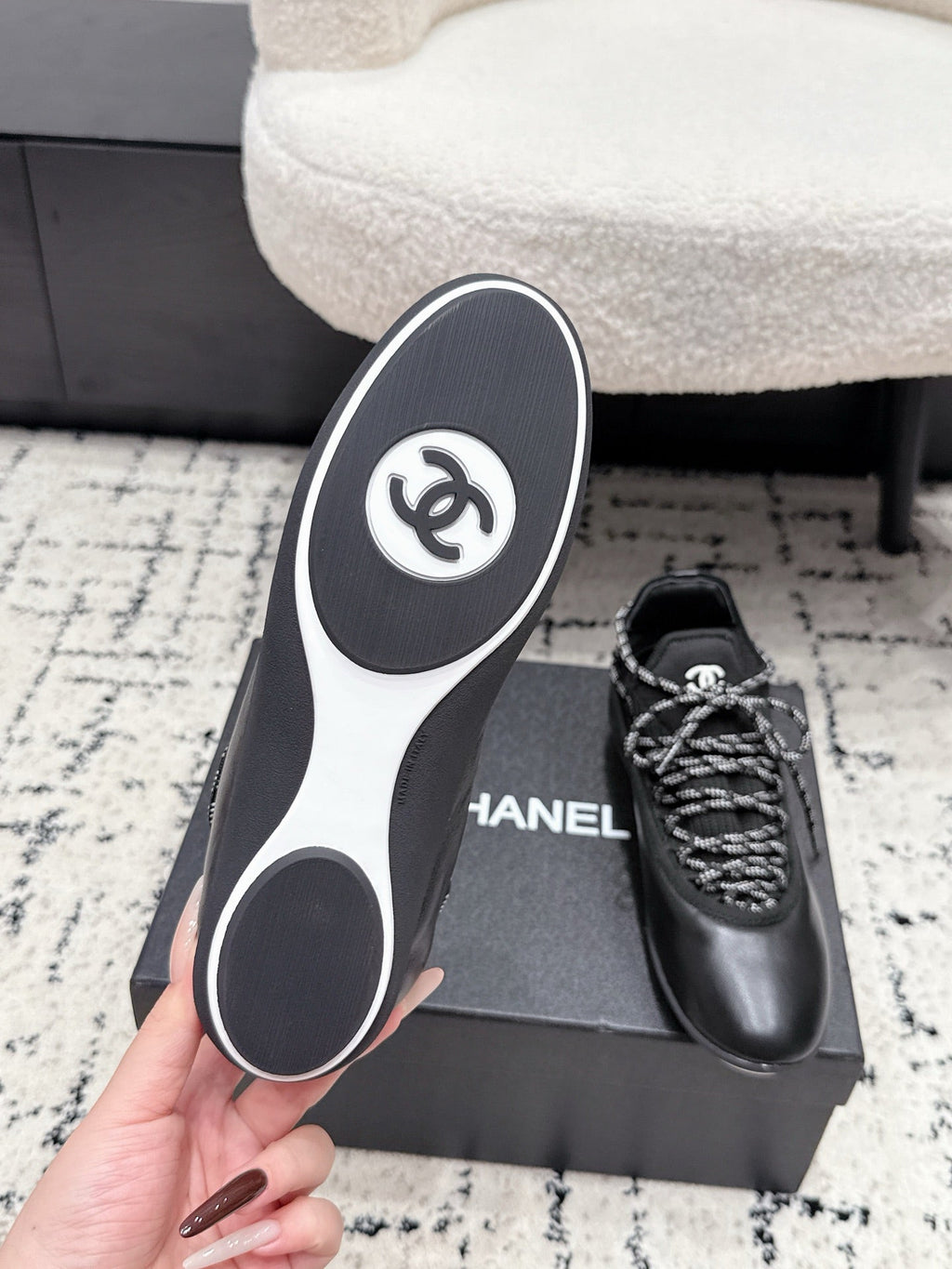 CHANEL 26S LACE-UP SNEAKERS IN BLACK FABRIC AND LAMBSKIN