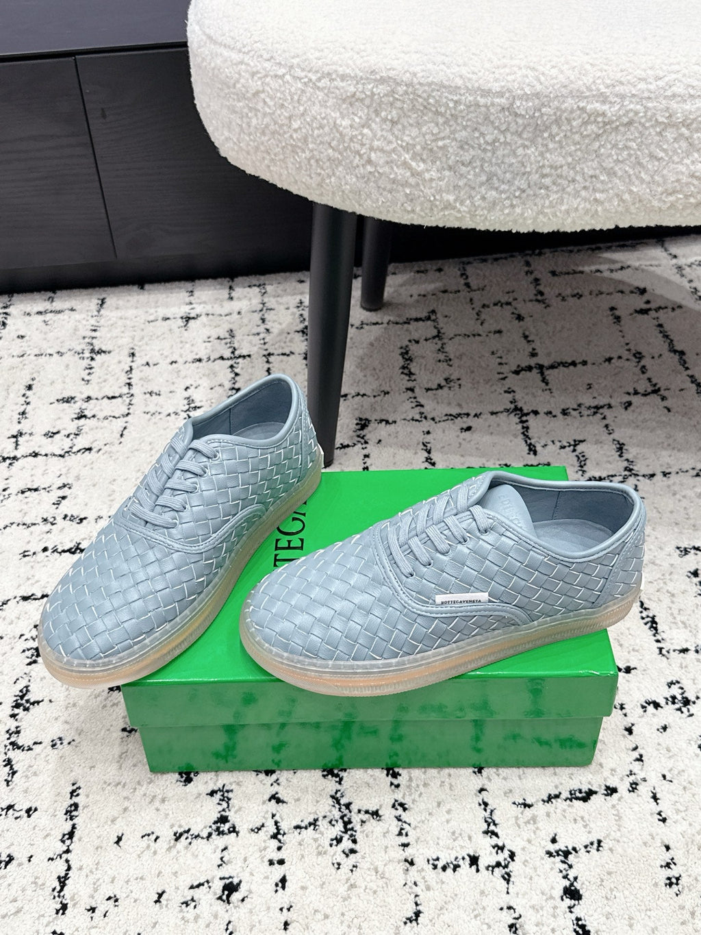 BOTTEGA VENETA 26S SNEAKERS IN LIGHT BLUE GREY WOVEN LAMBSKIN