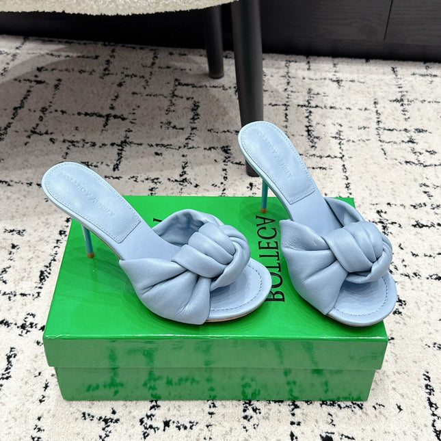 BOTTEGA VENETA 26S TWIST-STRAP HIGH-HEEL SANDALS 90 MM IN SKY BLUE LAMBSKIN