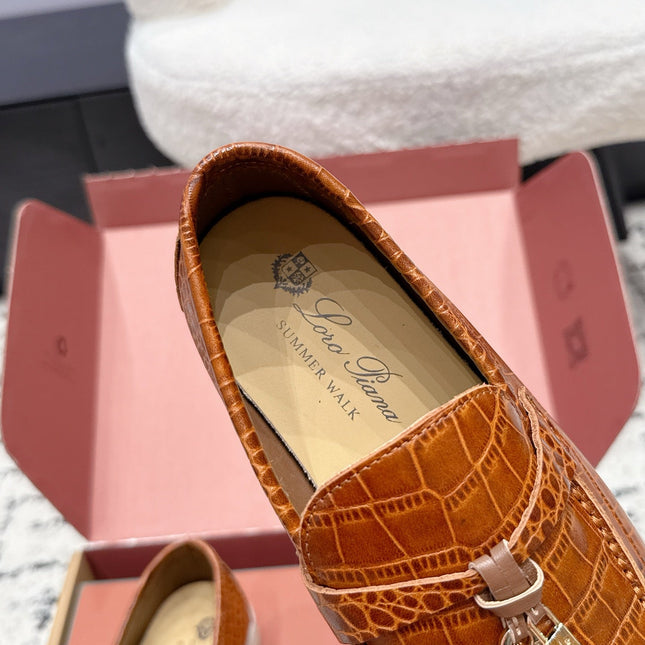 LP 26S SUMMER CHARMS WALK LOAFER IN CARAMEL BROWN CROCODILE CALFSKIN GOLD HARDWARE