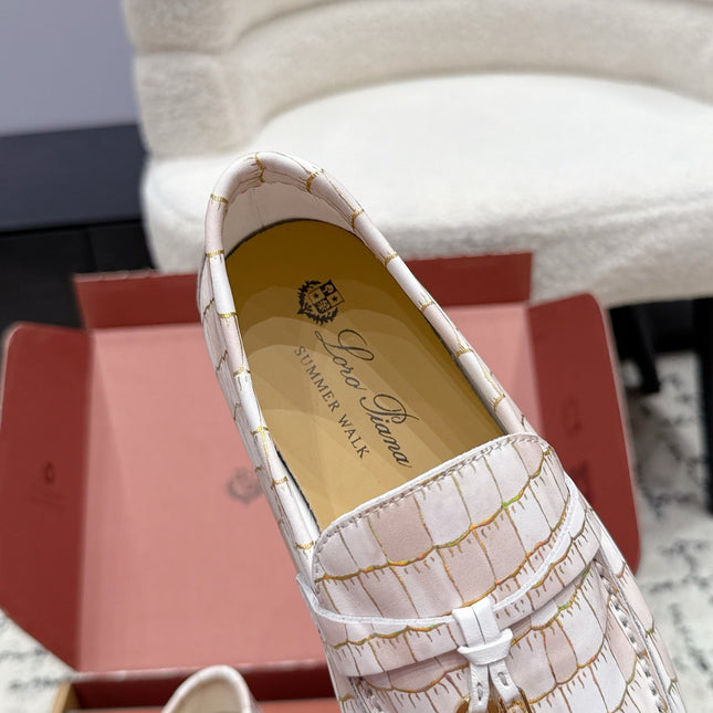 LP 26S SUMMER CHARMS WALK LOAFER IN WHITE CROCODILE CALFSKIN GOLD HARDWARE