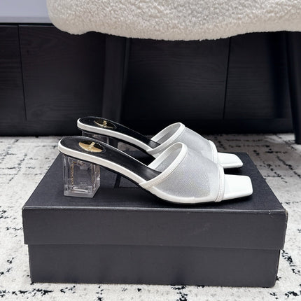 YSL 26S HIGH-HEEL SANDALS 50 MM IN WHITE CALFSKIN AND MESH 