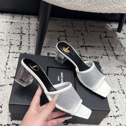 YSL 26S HIGH-HEEL SANDALS 50 MM IN WHITE CALFSKIN AND MESH 