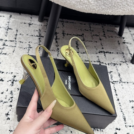 YSL 26S SLINGBACK PUMPS 60 MM IN OLIVE GREEN SATIN