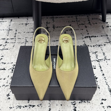 YSL 26S SLINGBACK PUMPS 60 MM IN OLIVE GREEN SATIN