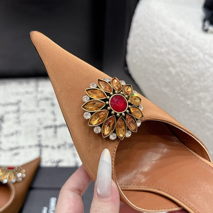 YSL 26S HEELED MULES 105 MM IN LIGHT BROWN SATIN