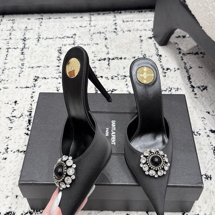 YSL 26S HEELED MULES 105 MM IN BLACK SATIN