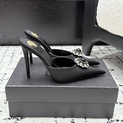 YSL 26S HEELED MULES 105 MM IN BLACK SATIN