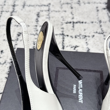YSL 26S SLINGBACK HEELS 105 MM IN WHITE & BLACK CALFSKIN CRYSTAL EMBELLISHMENT