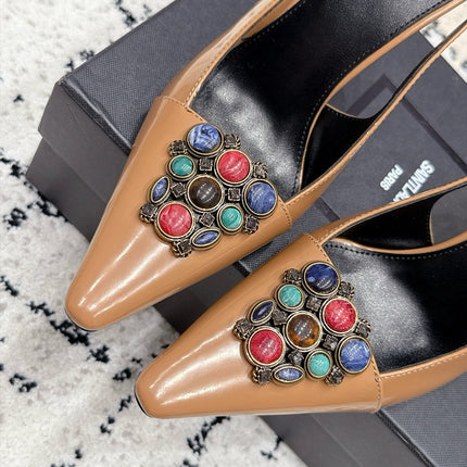 YSL 26S SLINGBACK HEELS 105 MM IN CAMEL BROWN CALFSKIN CRYSTAL EMBELLISHMENT