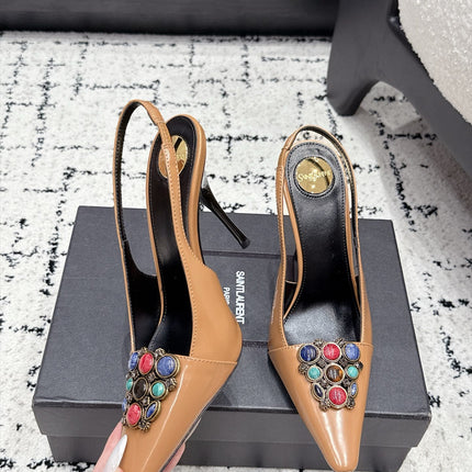 YSL 26S SLINGBACK HEELS 105 MM IN CAMEL BROWN CALFSKIN CRYSTAL EMBELLISHMENT