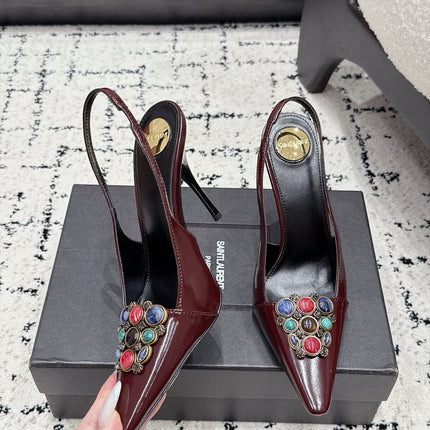 YSL 26S SLINGBACK HEELS 105 MM IN DARK RED CALFSKIN CRYSTAL EMBELLISHMENT