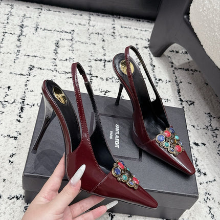 YSL 26S SLINGBACK HEELS 105 MM IN DARK RED CALFSKIN CRYSTAL EMBELLISHMENT