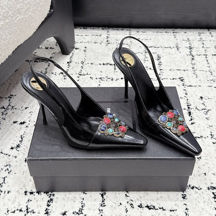 YSL 26S SLINGBACK HEELS 105 MM IN BLACK CALFSKIN CRYSTAL EMBELLISHMENT