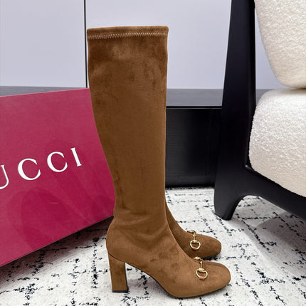 GUCCI 26S HORSEBIT KNEE-HIGH BOOTS 75 MM IN BROWN SUEDE
