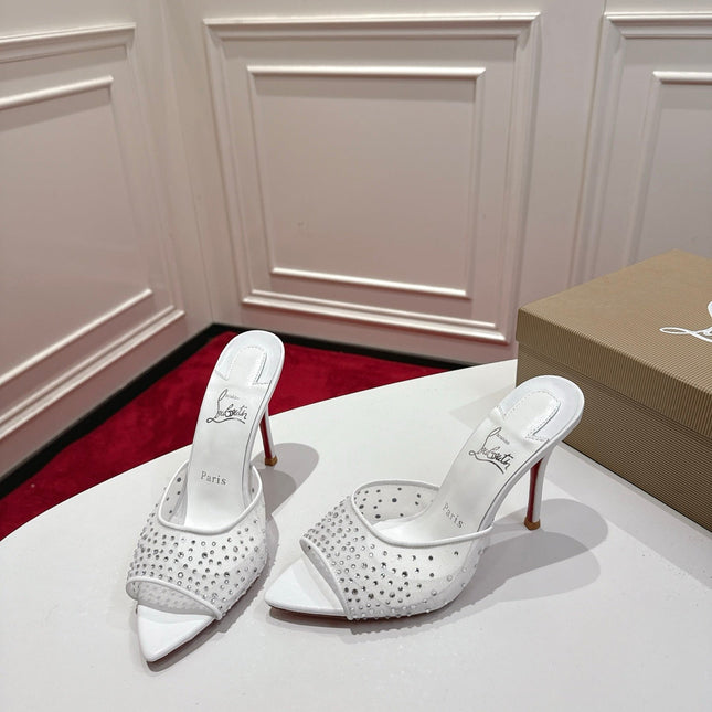 CHRISTIAN LOUBOUTIN 26S HEELED SANDALS 100 MM IN WHITE RHINESTONE MESH