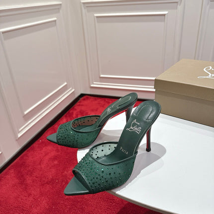 CHRISTIAN LOUBOUTIN 26S HEELED SANDALS 100 MM IN DARK GREEN RHINESTONE MESH