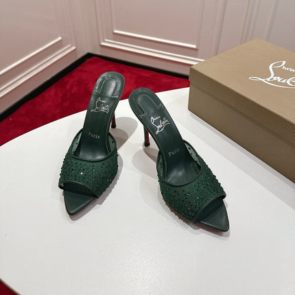 CHRISTIAN LOUBOUTIN 26S HEELED SANDALS 100 MM IN DARK GREEN RHINESTONE MESH