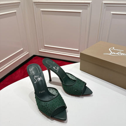 CHRISTIAN LOUBOUTIN 26S HEELED SANDALS 100 MM IN DARK GREEN RHINESTONE MESH