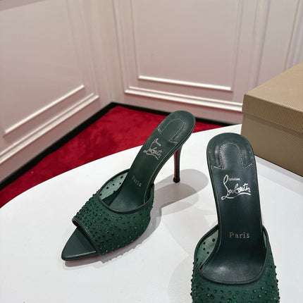 CHRISTIAN LOUBOUTIN 26S HEELED SANDALS 100 MM IN DARK GREEN RHINESTONE MESH