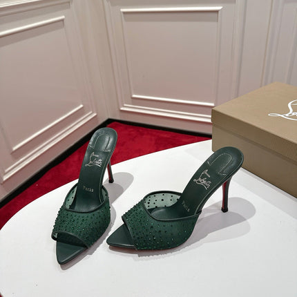 CHRISTIAN LOUBOUTIN 26S HEELED SANDALS 100 MM IN DARK GREEN RHINESTONE MESH