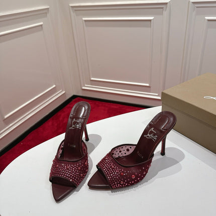 CHRISTIAN LOUBOUTIN 26S HEELED SANDALS 100 MM IN DARK RED RHINESTONE MESH STYLE 1