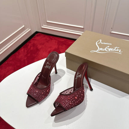 CHRISTIAN LOUBOUTIN 26S HEELED SANDALS 100 MM IN DARK RED RHINESTONE MESH STYLE 1