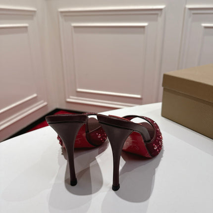 CHRISTIAN LOUBOUTIN 26S HEELED SANDALS 100 MM IN DARK RED RHINESTONE MESH STYLE 1