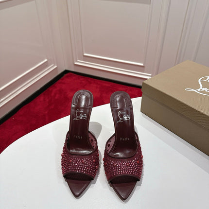 CHRISTIAN LOUBOUTIN 26S HEELED SANDALS 100 MM IN DARK RED RHINESTONE MESH STYLE 1