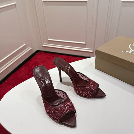 CHRISTIAN LOUBOUTIN 26S HEELED SANDALS 100 MM IN DARK RED RHINESTONE MESH STYLE 1