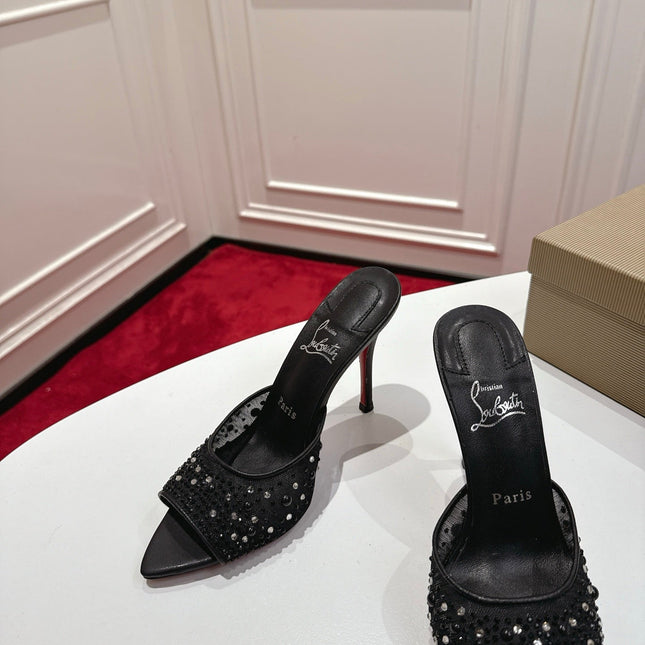 CHRISTIAN LOUBOUTIN 26S HEELED SANDALS 100 MM IN BLACK RHINESTONE MESH STYLE 3
