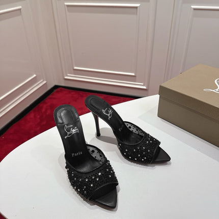 CHRISTIAN LOUBOUTIN 26S HEELED SANDALS 100 MM IN BLACK RHINESTONE MESH STYLE 3